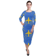 Aircraft Texture Blue Yellow Quarter Sleeve Midi Velour Bodycon Dress