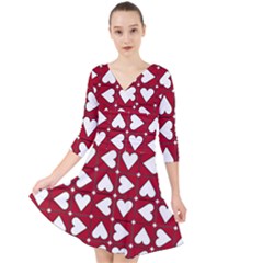 Graphic Heart Pattern Red White Quarter Sleeve Front Wrap Dress