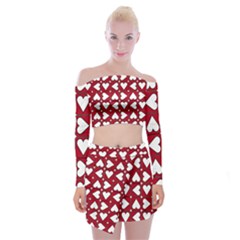 Graphic Heart Pattern Red White Off Shoulder Top With Mini Skirt Set by HermanTelo