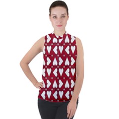 Graphic Heart Pattern Red White Mock Neck Chiffon Sleeveless Top by HermanTelo