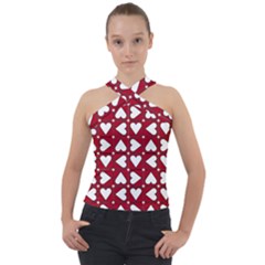 Graphic Heart Pattern Red White Cross Neck Velour Top by HermanTelo