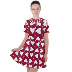 Graphic Heart Pattern Red White Short Sleeve Shoulder Cut Out Dress  by HermanTelo