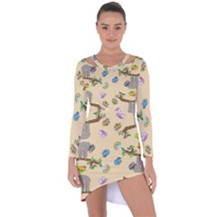 Sloth Neutral Color Cute Cartoon Asymmetric Cut-out Shift Dress