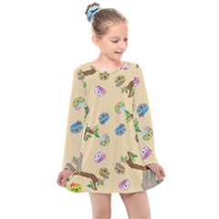 Sloth Neutral Color Cute Cartoon Kids  Long Sleeve Dress