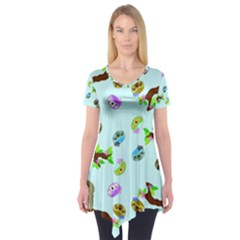 Sloth Aqua Blue Cute Cartoon Tile Green Short Sleeve Tunic  by HermanTelo