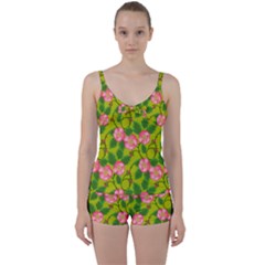 Roses Flowers Pattern Bud Pink Tie Front Two Piece Tankini