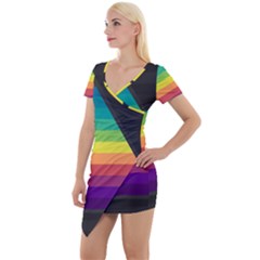 Background Rainbow Stripes Bright Short Sleeve Asymmetric Mini Dress by Pakrebo