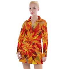 Flower Blossom Red Orange Abstract Women s Long Sleeve Casual Dress