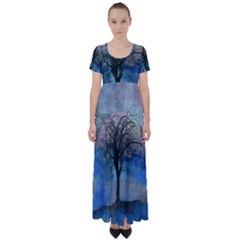 Tree Moon Sky Watercolor Painting High Waist Short Sleeve Maxi Dress by Pakrebo