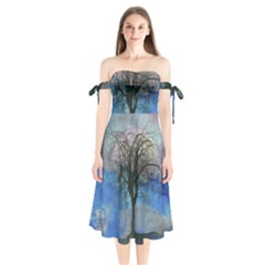 Tree Moon Sky Watercolor Painting Shoulder Tie Bardot Midi Dress by Pakrebo