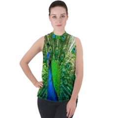 Peacock Peafowl Pattern Plumage Mock Neck Chiffon Sleeveless Top by Pakrebo