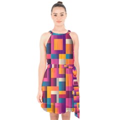 Abstract Background Geometry Blocks Halter Collar Waist Tie Chiffon Dress