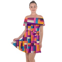 Abstract Background Geometry Blocks Off Shoulder Velour Dress