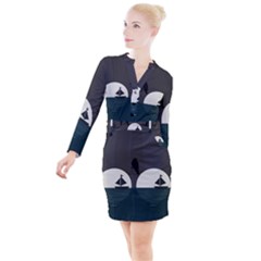 Birds Moon Moonlight Tree Animal Button Long Sleeve Dress