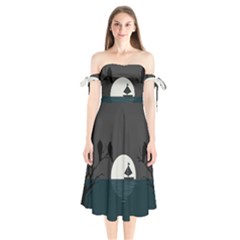 Birds Moon Moonlight Tree Animal Shoulder Tie Bardot Midi Dress by HermanTelo