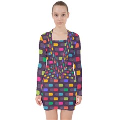 Background Colorful Geometric V-neck Bodycon Long Sleeve Dress