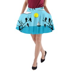 Birds Sun Tree Animal Black Tree A-line Pocket Skirt