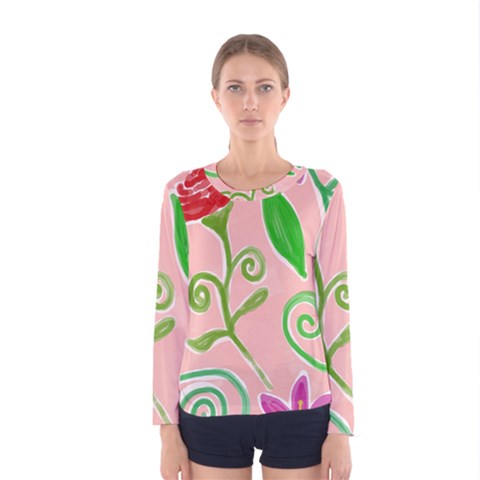 Background Colorful Floral Flowers Women s Long Sleeve Tee by HermanTelo