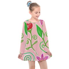 Background Colorful Floral Flowers Kids  Long Sleeve Dress