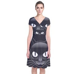 Grey Eyes Kitty Cat Short Sleeve Front Wrap Dress
