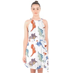 Pattern Dinosaurs Halter Collar Waist Tie Chiffon Dress