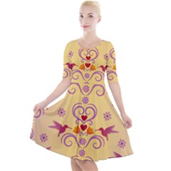 Pattern Bird Flower Quarter Sleeve A-line Dress