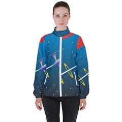 Rocket Spaceship Space Galaxy Women s High Neck Windbreaker