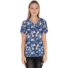 White Flowers Summer Plant Women s V-neck Scrub Top