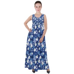 White Flowers Summer Plant Empire Waist Velour Maxi Dress