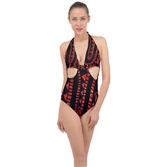 Background Abstract Red Black Halter Front Plunge Swimsuit by Pakrebo