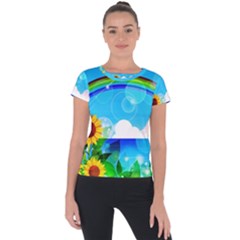 Sunflower And Rainbow Ocean Bokeh Short Sleeve Sports Top  by Pakrebo