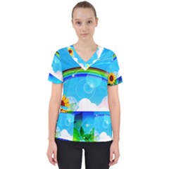 Sunflower And Rainbow Ocean Bokeh Women s V-neck Scrub Top