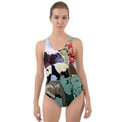 Zoo Animals Peacock Lion Hippo Cut-out Back One Piece Swimsuit by Pakrebo