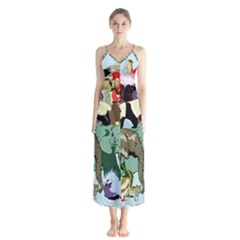 Zoo Animals Peacock Lion Hippo Button Up Chiffon Maxi Dress by Pakrebo