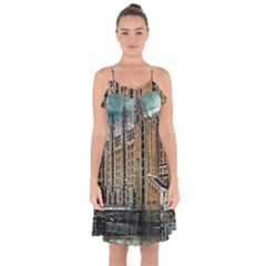Architecture City Building Travel Ruffle Detail Chiffon Dress