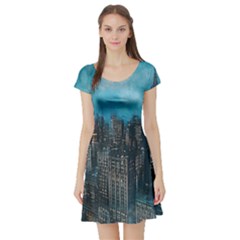 Cityscape Buildings Skyscraper Short Sleeve Skater Dress