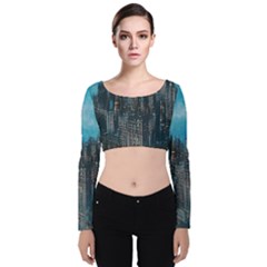 Cityscape Buildings Skyscraper Velvet Long Sleeve Crop Top