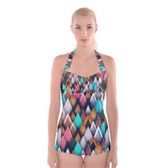 Abstract Triangle Tree Boyleg Halter Swimsuit 