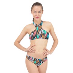 Abstract Triangle Tree High Neck Bikini Set