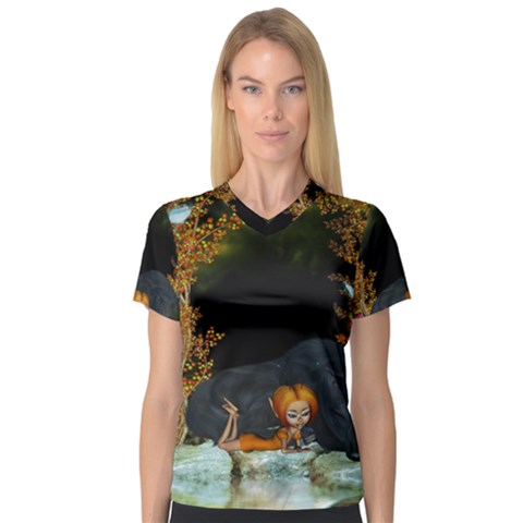 Cute Fairy With Awesome Wolf In The Night V-neck Sport Mesh Tee by FantasyWorld7