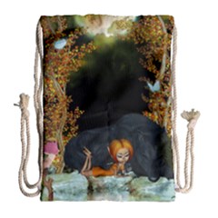 Cute Fairy With Awesome Wolf In The Night Drawstring Bag (large) by FantasyWorld7