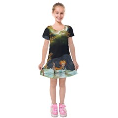 Cute fairy with awesome wolf in the night Kids  Short Sleeve Velvet Dress