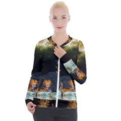 Cute fairy with awesome wolf in the night Casual Zip Up Jacket