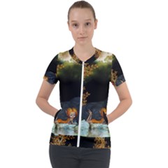 Cute Fairy With Awesome Wolf In The Night Short Sleeve Zip Up Jacket by FantasyWorld7