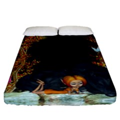 Cute Fairy With Awesome Wolf In The Night Fitted Sheet (queen Size)