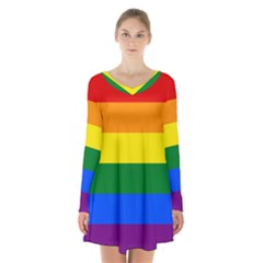 Lgbt Rainbow Pride Flag Long Sleeve Velvet V-neck Dress