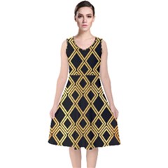 Arabic Pattern Gold And Black V-neck Midi Sleeveless Dress  by Nexatart