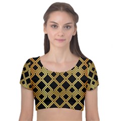 Arabic Pattern Gold And Black Velvet Short Sleeve Crop Top 