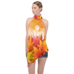 Autumn Background Maple Leaves Bokeh Halter Asymmetric Satin Top by Nexatart