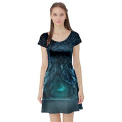 Trees Road Moonlight Avenue Short Sleeve Skater Dress by Nexatart